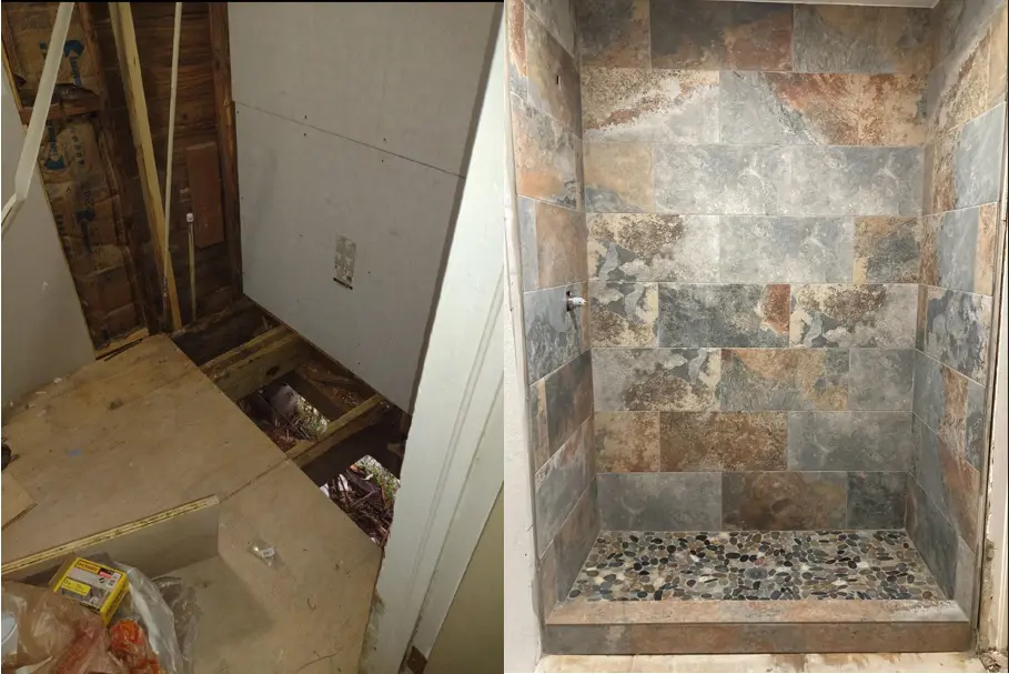 A before and after of shower area