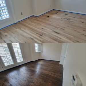 A before and after picture of the floor in the living room.